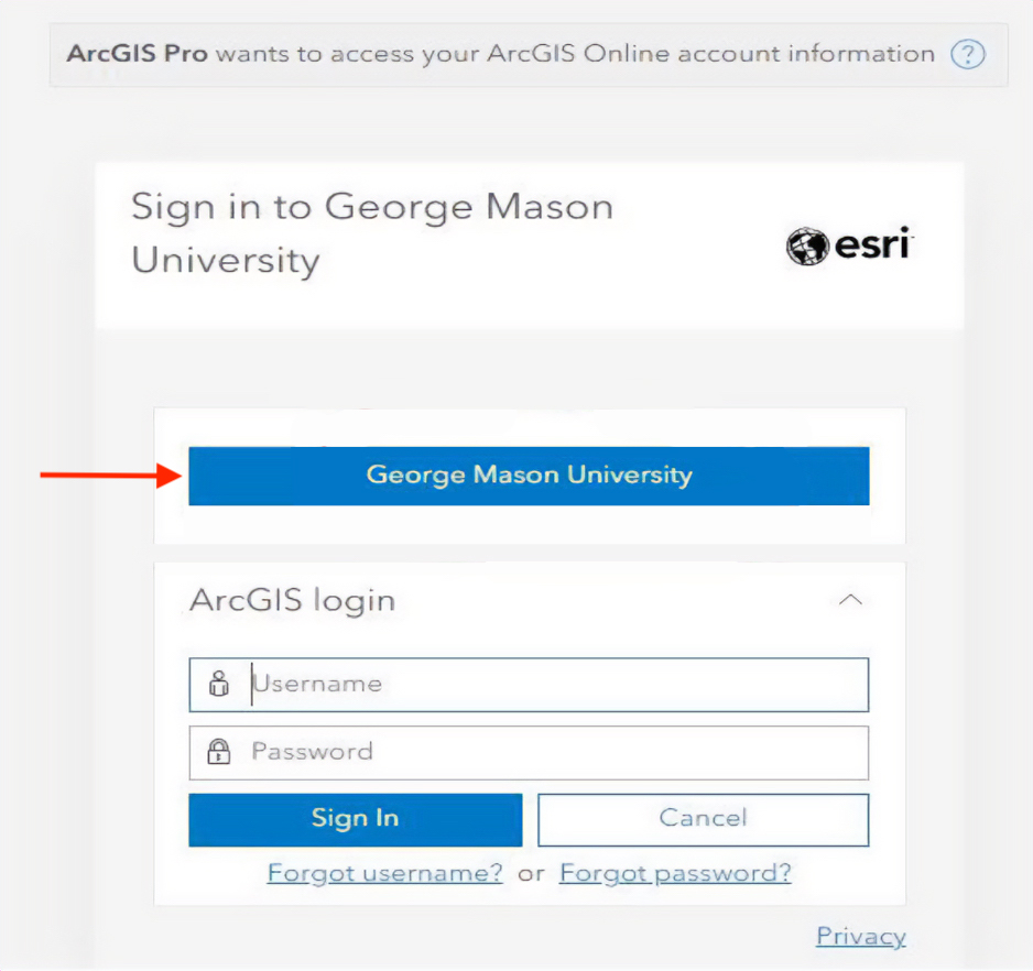 click ArcGIS GMU login button
