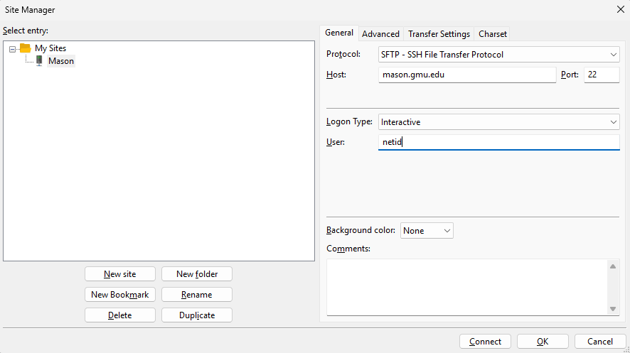 FileZilla Site Manager menu