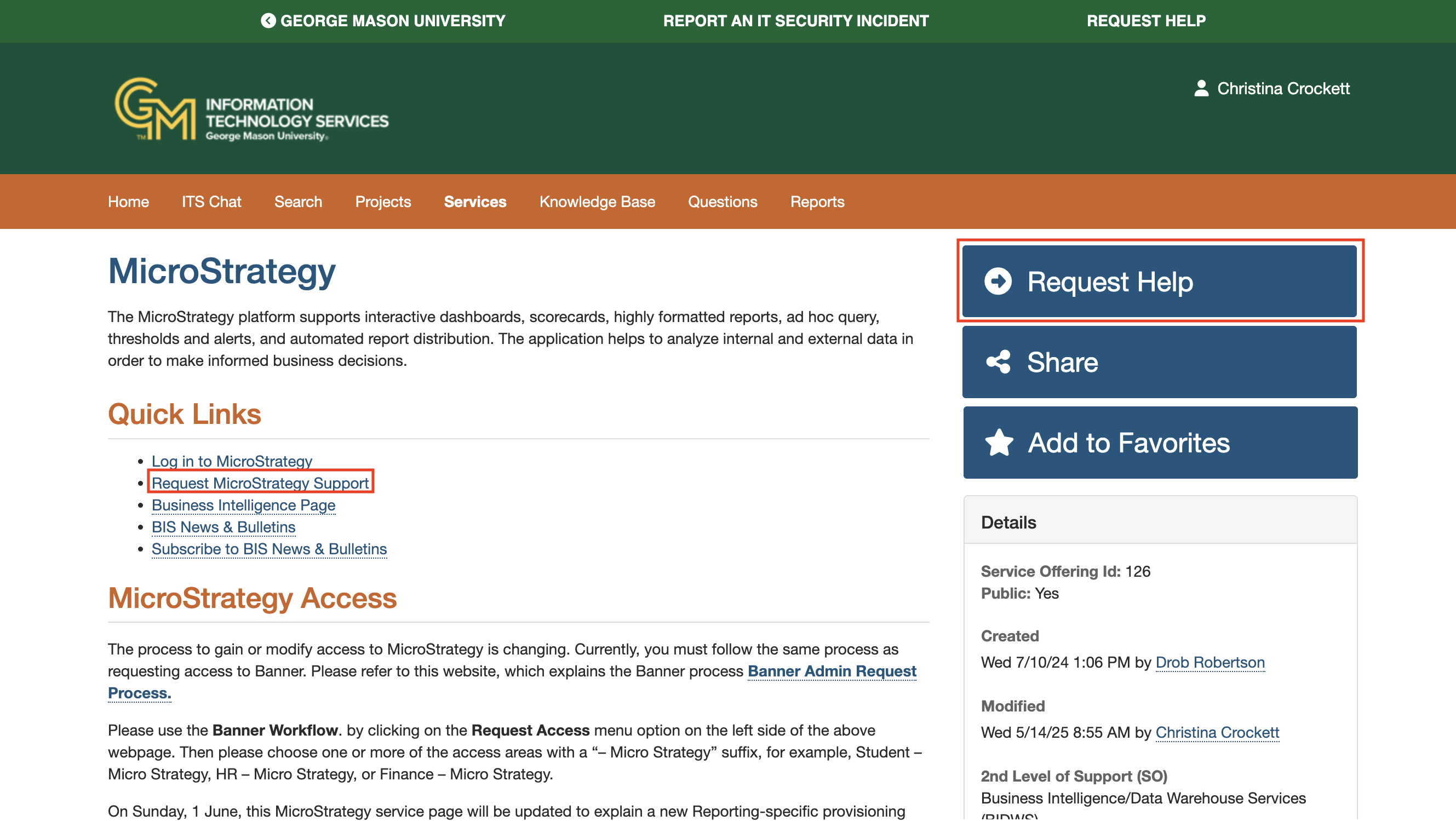 MicroStrategy Service Page with request help button and link.