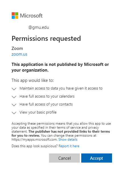 Microsoft permissions requested