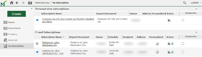 My Subscriptions panel