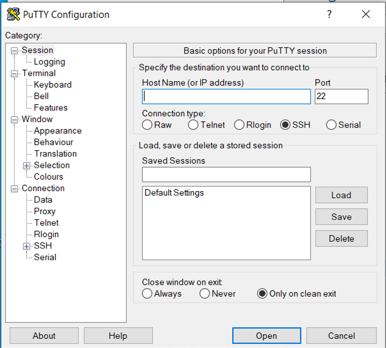 putty settings for ssh session windows server