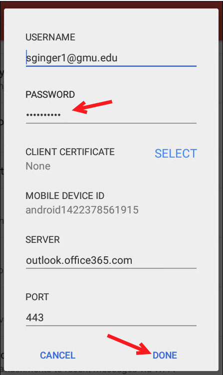 Android email password change