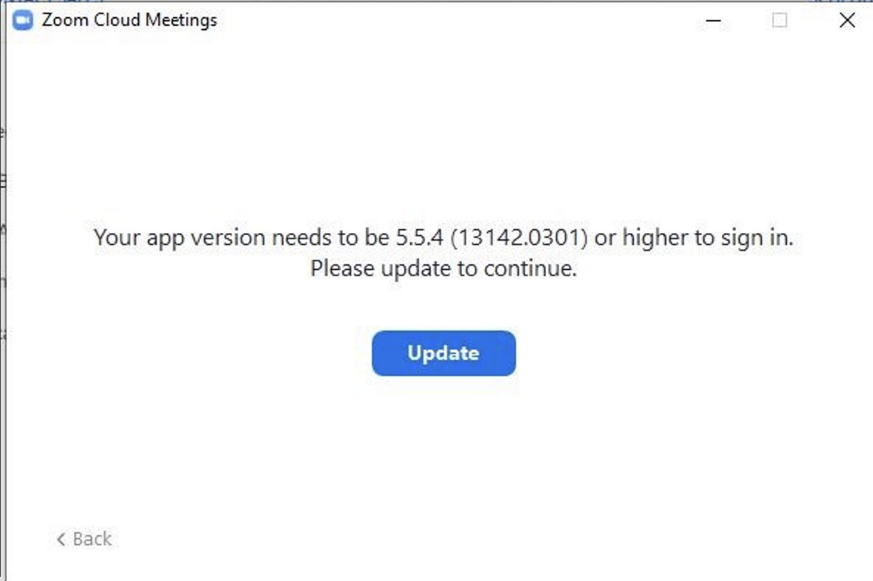 Screen shot of a Zoom popup stating that a users Zoom application needs to be updated in order to continue using it
