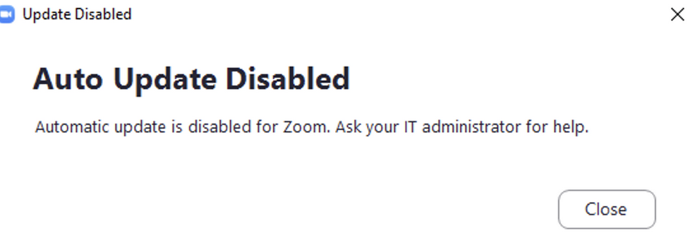 Screen shot showing a Zoom popup that states auto updates are disabled