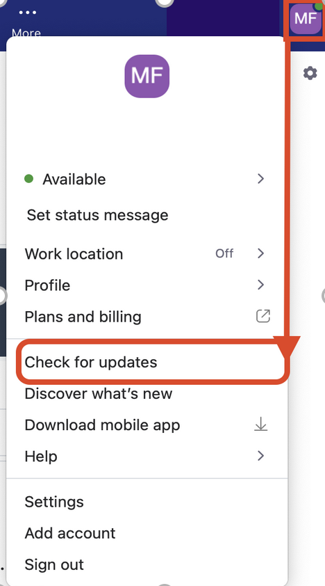 Screen shot showing how to check for Zoom updates from your user profile