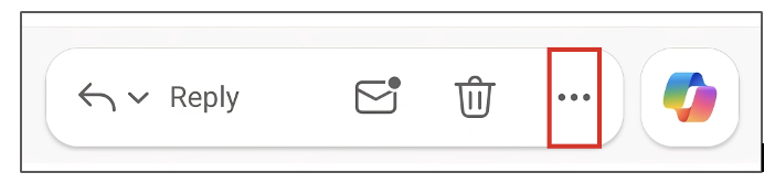 screenshot showing how to access the Report phishing option within the Outlook the mobile app by clicking the three dots at the bottom of the screen
