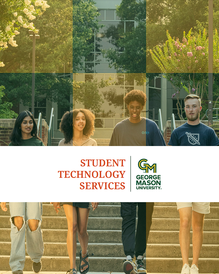 Student Guide cover photo of four students walking down the steps near the Johnson Center