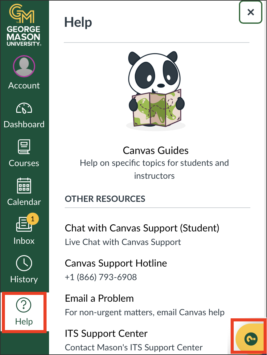 Canvas Help menu