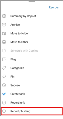 screenshot showing how to access the Report phishing option within the Outlook the mobile app after clicking the three dots at the bottom of the screen