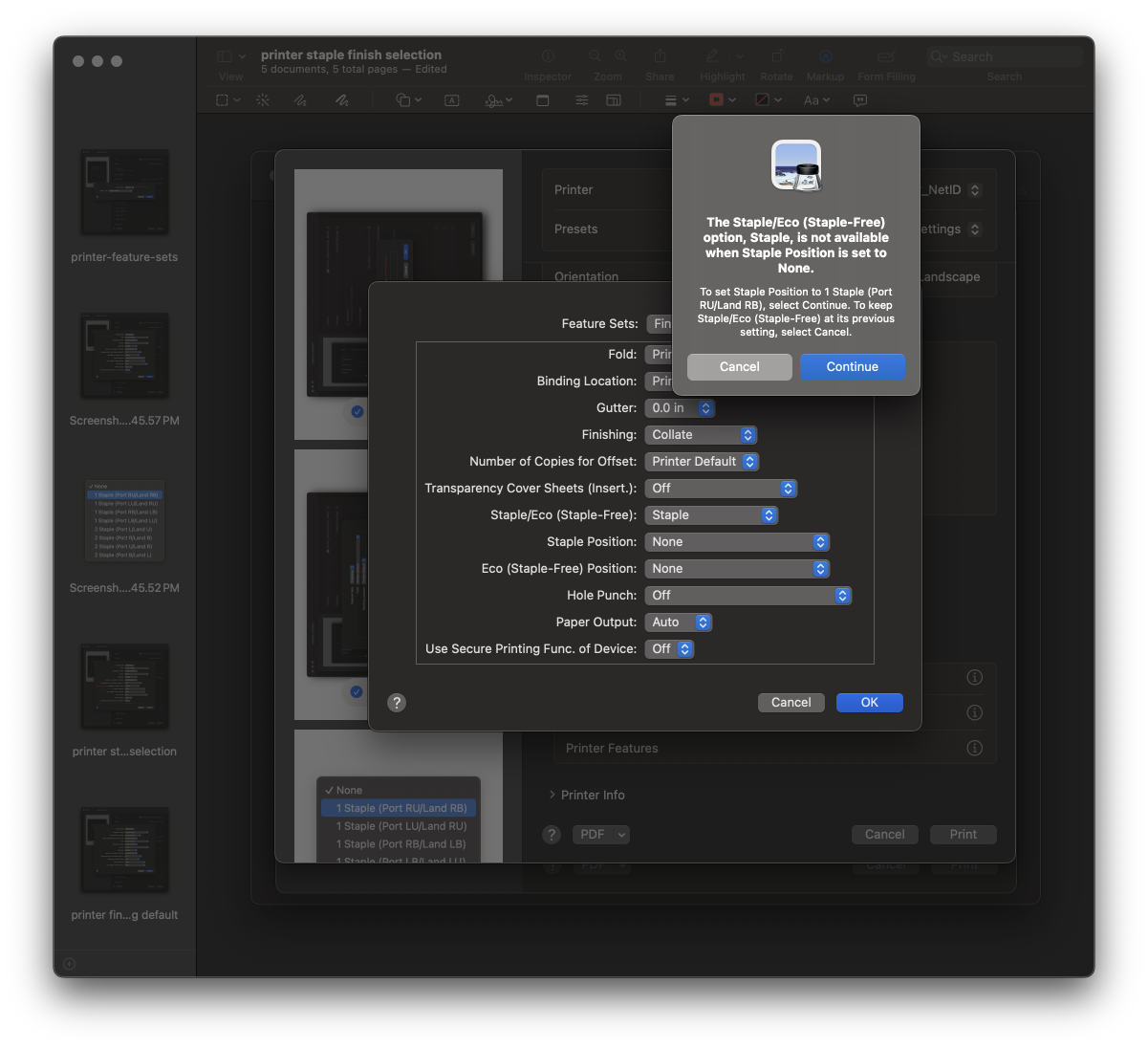 select staple dialogue box