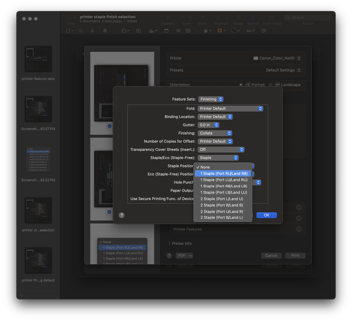 choose printer staple options
